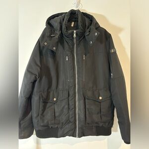 Sean John Men’s XL Black Bomber Jacket Heavy Zipper Detachable Hood Pockets Coat